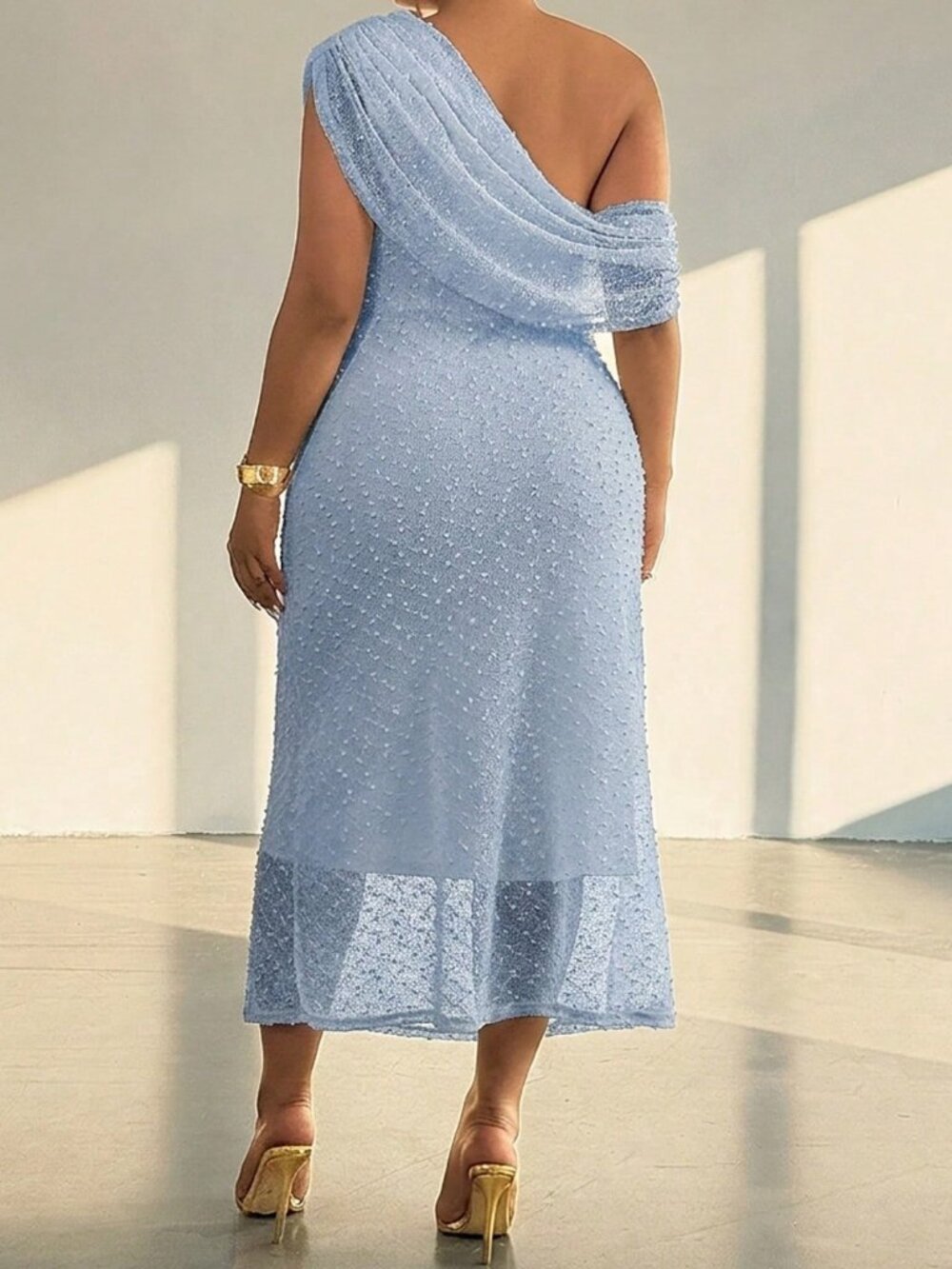 Baby Blue Elegant Women's Asymmetric Short Sleeve Pleated Waist Knit Dress - Picture 2 of 8